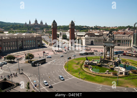 View of Placa de Espanya with the two Venetian Towers and the National Palace from the terrace of Las Arenas shopping center Stock Photo