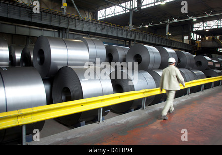 Duisburg, Germany, finished steel coils in the stock of ThyssenKrupp Steel AG Stock Photo