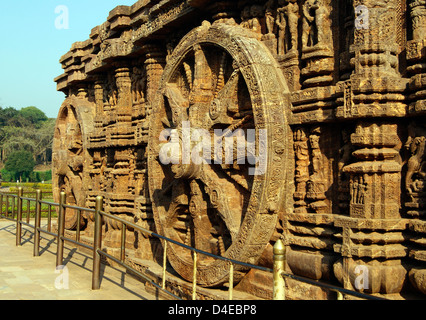 Carved Sandstone Chariots Wheels View on Konark Sun Temple. Chariot Wheel of Konark Temple resemble Sun God Chariots Stock Photo