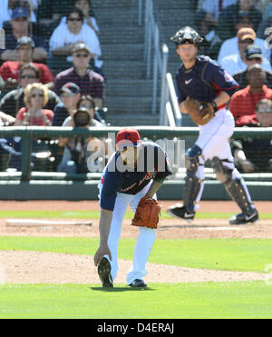 Daisuke Matsuzaka (Indians), MARCH 11, 2013 - MLB : Daisuke Matsuzaka of the Cleveland Indians gets pain on his leg in the 6 inning during a spring training game against the Los Angeles Angels in Goodyear, Arizona, United States. (Photo by AFLO) Stock Photo