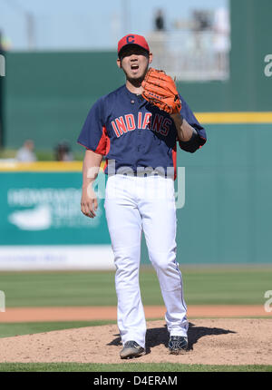 Daisuke Matsuzaka (Indians), MARCH 11, 2013 - MLB : Daisuke Matsuzaka of the Cleveland Indians gets pain on his leg in the 7 inning during a spring training game against the Los Angeles Angels in Goodyear, Arizona, United States. (Photo by AFLO) Stock Photo