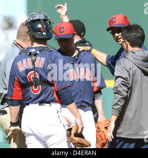 Daisuke Matsuzaka (Indians), MARCH 11, 2013 - MLB : Daisuke Matsuzaka of the Cleveland Indians gets pain on his leg in the 7 inning during a spring training game against the Los Angeles Angels in Goodyear, Arizona, United States. (Photo by AFLO) Stock Photo