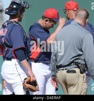 Daisuke Matsuzaka (Indians), MARCH 11, 2013 - MLB : Daisuke Matsuzaka of the Cleveland Indians gets pain on his leg in the 7 inning during a spring training game against the Los Angeles Angels in Goodyear, Arizona, United States. (Photo by AFLO) Stock Photo