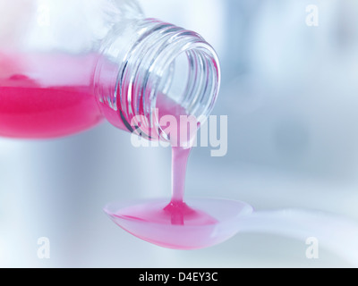 Close up of medicine pouring into measuring spoon Stock Photo