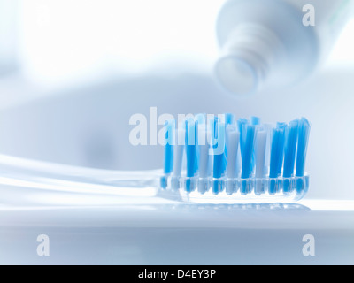 Close up of toothbrush and toothpaste Stock Photo