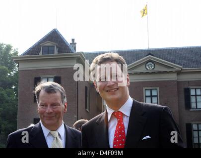 Christian Sigismund, Prince of Prussia, (L) and Georg Friedrich Ferdinand, Prince of Prussia (R), great-grandson and great-great-grandson of former German emperor William II, smile during the opening of the exhibition 'The Emperor and Europe' at Castle Huis Doorn where the emperor lived between 1918 and 1941 in Doorn, the Netherlands, 29 May 2008. Photo: Albert Nieboer (NETHERLANDS Stock Photo