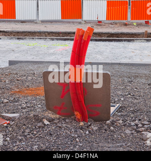 Plastic drainage piping on a construction site. Stock Photo