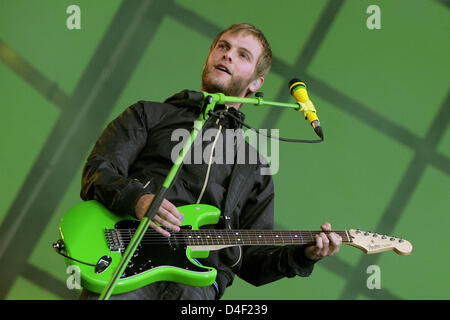 Singer and guitarist Peter Brugger of German band 'Sportfreunde Stiller' is pictured during his performance at open air festival 'Rock im Park' in Nuremberg, Germany, 06 June 2008. The biggest music festival of Southern Germany started the same day with sunny weather. Modern and classical rock music on three stages will be presented by 92 performers till 08 June 2008. Photo: Daniel Stock Photo