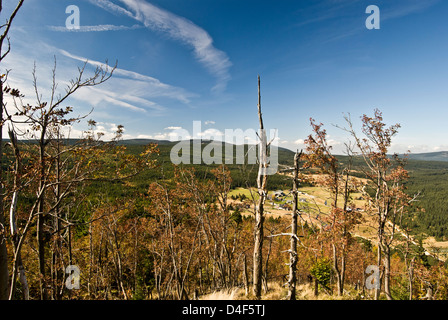 panorama from Bukovec hill near Jizerka in Jizerske hory mountains in Norhern Bohemia in Czech republic during sunny autumn day Stock Photo