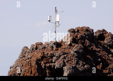 A volcanological measuring device is pictured on ferreous slag which covers large parts of the peak and the hillsides of the 1,244 metres high Mount Vesuvius in Naples, Italy, 04 May 2008. Since the eruption in 1944 the crater is blocked. Today Mount Vesuvius is a national park and visited by thousands of tourists daily. The 'stirring' of Europe's most dangerous volcano is monitore Stock Photo