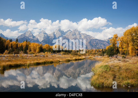 Mountains and landscape reflected in still river Stock Photo