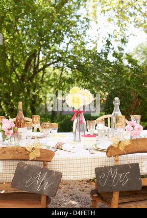 Table setting for outdoor wedding reception Stock Photo