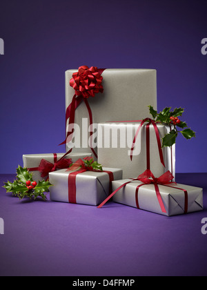 Stack of wrapped Christmas presents Stock Photo