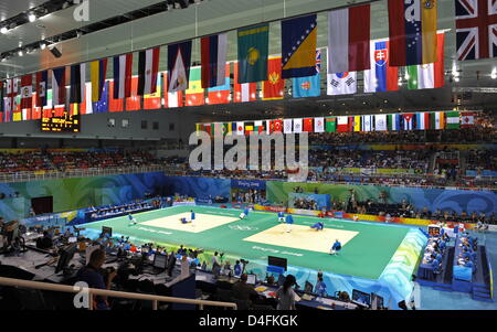 Overview of the men's judo events in the Beijing Science and Technology University Gymnasium (STG) at the Beijing 2008 Olympic Games, in Beijing, China, 12 August 2008. Photo: Peer Grimm dpa ###dpa### Stock Photo