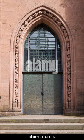 Entrance of neo-gothic Evangelical church (circa 1864) in Offenburg town, Baden-Wurttemberg, Germany Stock Photo
