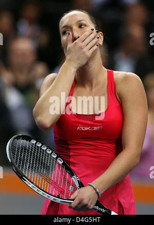 Serbia's Jelena Jankovic smiles after winning over US Venus Williams in their semi-finals match at the WTA Porsche Grand Prix in Stuttgart, Germany, 04 October 2008. Jankovic defeated Williams 6-7, 7-5, 6-2. Photo: NORBERT FOERSTERLING Stock Photo