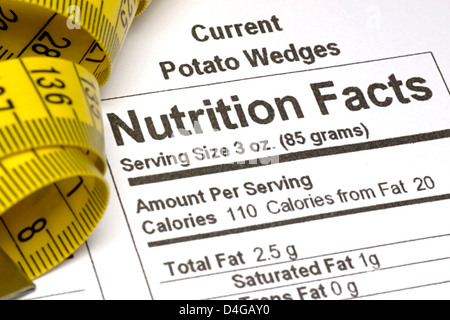 Yellow tape measure next to nutrition information on packaging in the USA Stock Photo