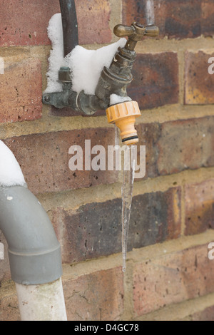 Leaking water tap frozen over in sub zero conditions icicle hanging from nozzle outside handle covered in snow Stock Photo