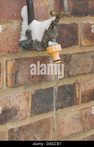 Leaking water tap frozen over in sub zero conditions icicle hanging from nozzle outside handle covered in snow Stock Photo