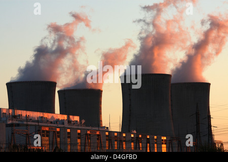 smoking cooling towers of nuclear power plant Stock Photo