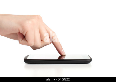 Woman hand touching a mobile phone screen with forefinger on a white isolated background Stock Photo