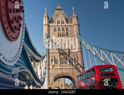 Tower Bridge London and traditional red bus Southwark London UK Stock Photo