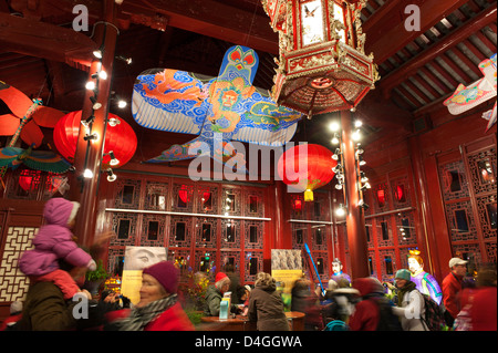 Interior of the Friendship Hall during the Magic of Lanterns exhibition at the Chinese garden of Montreal Botanical Garden. Stock Photo