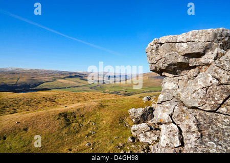 View up Littondale from Conistone Pie, a limestone outcrop above Wharfedale in the Yorkshire Dales UK Stock Photo