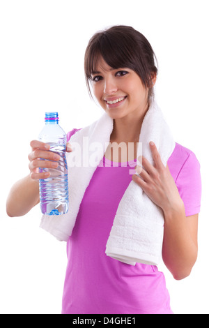 Young caucasian woman holding a bottle of water over white background Stock Photo