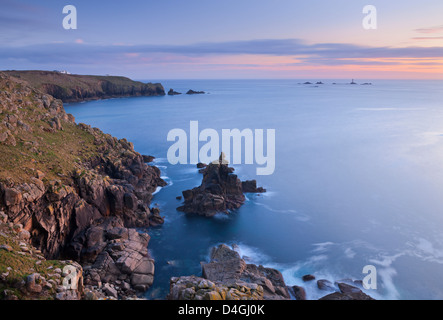 Land's End and Longships Lighthouse, Cornwall, England. Spring (May) 2012. Stock Photo