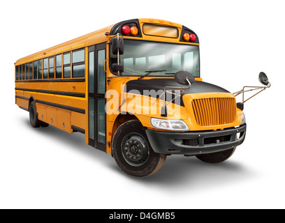 School bus for student transport service for elementary and high school students with a yellow and black painted vehicle as an education symbol of safe children transportation on a white background. Stock Photo