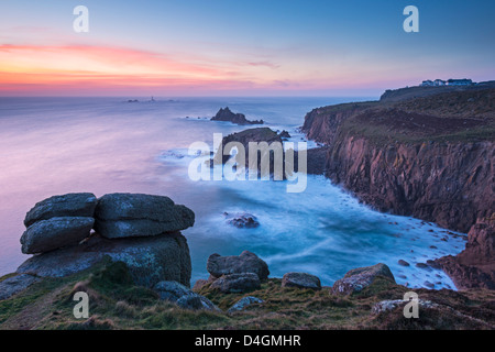 Land's End after sunset on a winter evening, Cornwall, England. Winter (February) 2013. Stock Photo