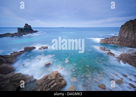 Looking towards Longships lighthouse from Land's End, Cornwall, England. Winter (February) 2013. Stock Photo