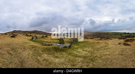 Panoramic view of The Nine Maidens Stone Circle on Dartmoor in Devon. Stock Photo