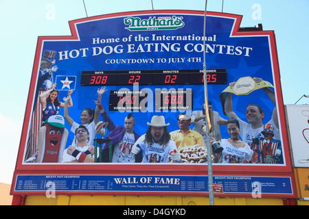 Hot Dog Eating Contest, Wall of Fame, Nathans Famous Hot Dogs, Coney Island, Brooklyn, New York City, USA Stock Photo