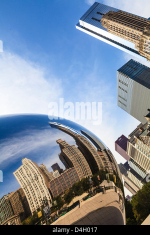 North Michigan Avenue reflecting in the Cloud Gate sculpture by Anish Kapoor, Millennium Park, Chicago, Illinois, USA Stock Photo