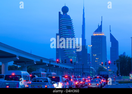 City skyline and car tail lights, Dubai, United Arab Emirates, Middle East Stock Photo