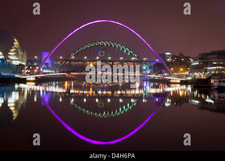 River Tyne bridges at night with Olympic rings, Millenium Bridge, Swing Bridge, High level, King Edward bridges Stock Photo