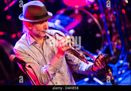 Swiss-French trumpeter Erik Truffaz performs on stage with his Erik Truffaz Trio during their concert in Prague's Archa Theatre Stock Photo