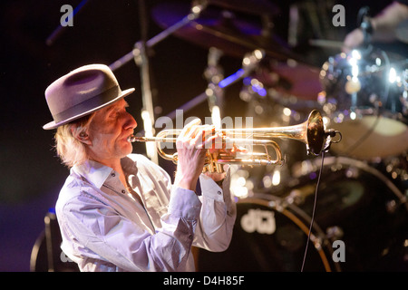 Swiss-French trumpeter Erik Truffaz performs on stage with his Erik Truffaz Trio during their concert in Prague's Archa Theatre Stock Photo