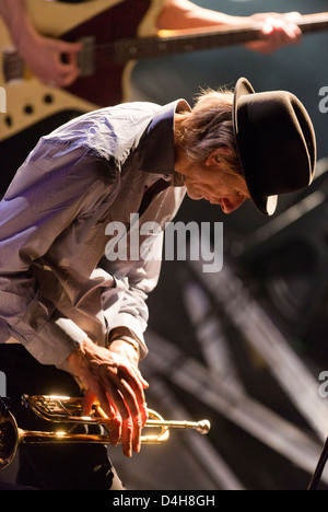 Swiss-French trumpeter Erik Truffaz performs on stage with his Erik Truffaz Trio during their concert in Prague's Archa Theatre Stock Photo