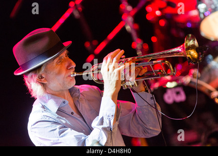 Swiss-French trumpeter Erik Truffaz performs on stage with his Erik Truffaz Trio during their concert in Prague's Archa Theatre Stock Photo