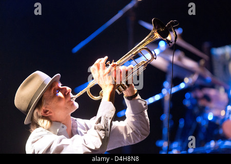 Swiss-French trumpeter Erik Truffaz performs on stage with his Erik Truffaz Trio during their concert in Prague's Archa Theatre Stock Photo