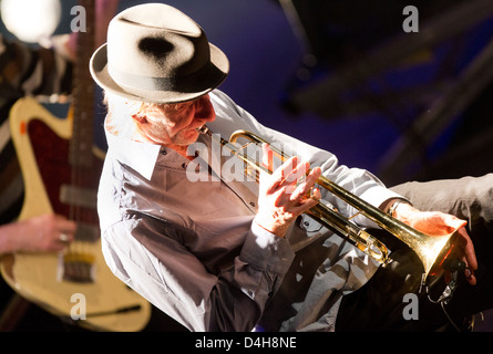 Swiss-French trumpeter Erik Truffaz performs on stage with his Erik Truffaz Trio during their concert in Prague's Archa Theatre Stock Photo