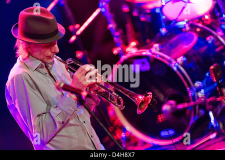 Swiss-French trumpeter Erik Truffaz performs on stage with his Erik Truffaz Trio during their concert in Prague's Archa Theatre Stock Photo