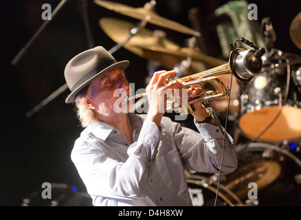 Swiss-French trumpeter Erik Truffaz performs on stage with his Erik Truffaz Trio during their concert in Prague's Archa Theatre Stock Photo