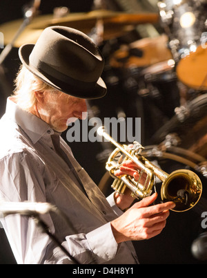 Swiss-French trumpeter Erik Truffaz performs on stage with his Erik Truffaz Trio during their concert in Prague's Archa Theatre Stock Photo