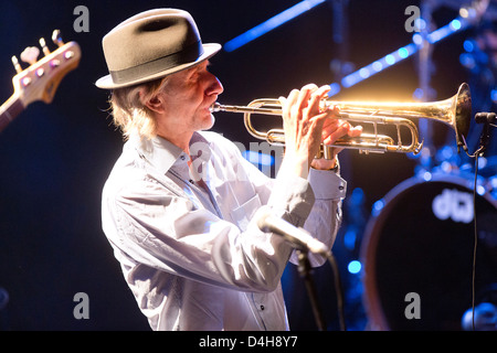 Swiss-French trumpeter Erik Truffaz performs on stage with his Erik Truffaz Trio during their concert in Prague's Archa Theatre Stock Photo