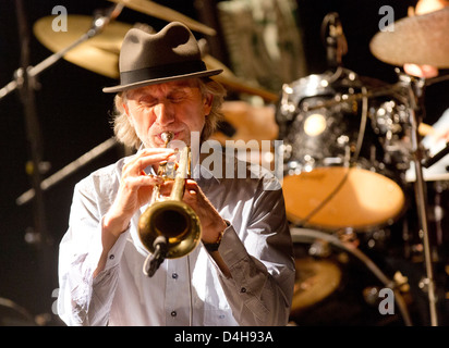 Swiss-French trumpeter Erik Truffaz performs on stage with his Erik Truffaz Trio during their concert in Prague's Archa Theatre Stock Photo