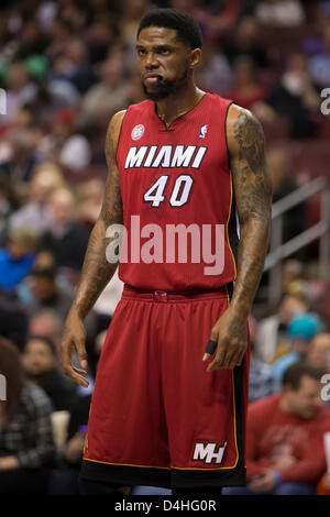 March 13, 2013: Miami Heat power forward Udonis Haslem (40) looks on during the NBA game between the Miami Heat and the Philadelphia 76ers at the Wells Fargo Center in Philadelphia, Pennsylvania. The Miami Heat beat the Philadelphia 76ers, 98-94. Stock Photo